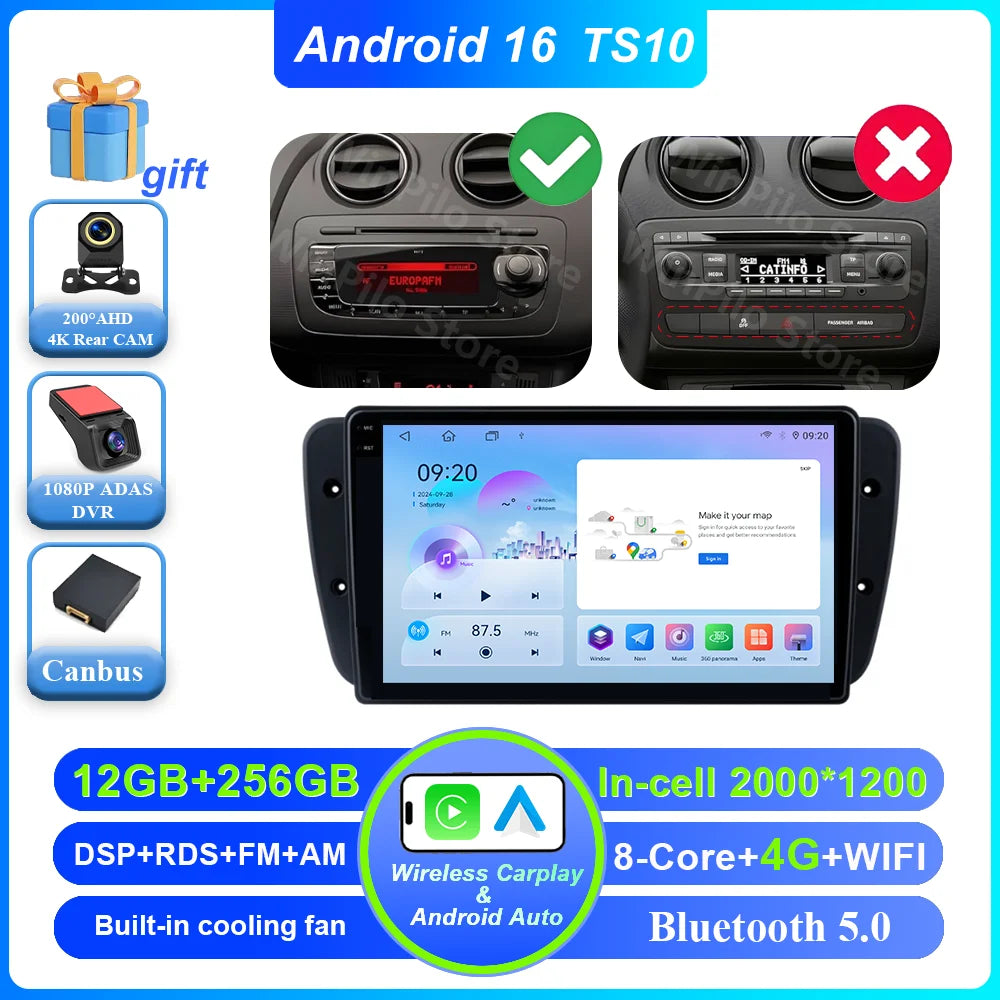 9" Android Car Stereo for Seat Ibiza MK4 6J (2008–2015) — CarPlay, Android Auto, GPS, 4G, WiFi