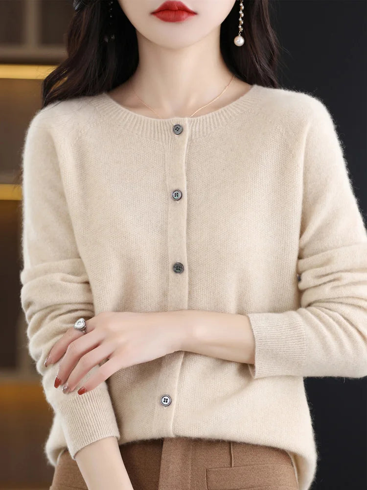 Women Cashmere Sweater 100% Merino Wool Knitted Cardigan Autumn Winter Knitwear O-Neck Female Solid Color Casual Fashion Top