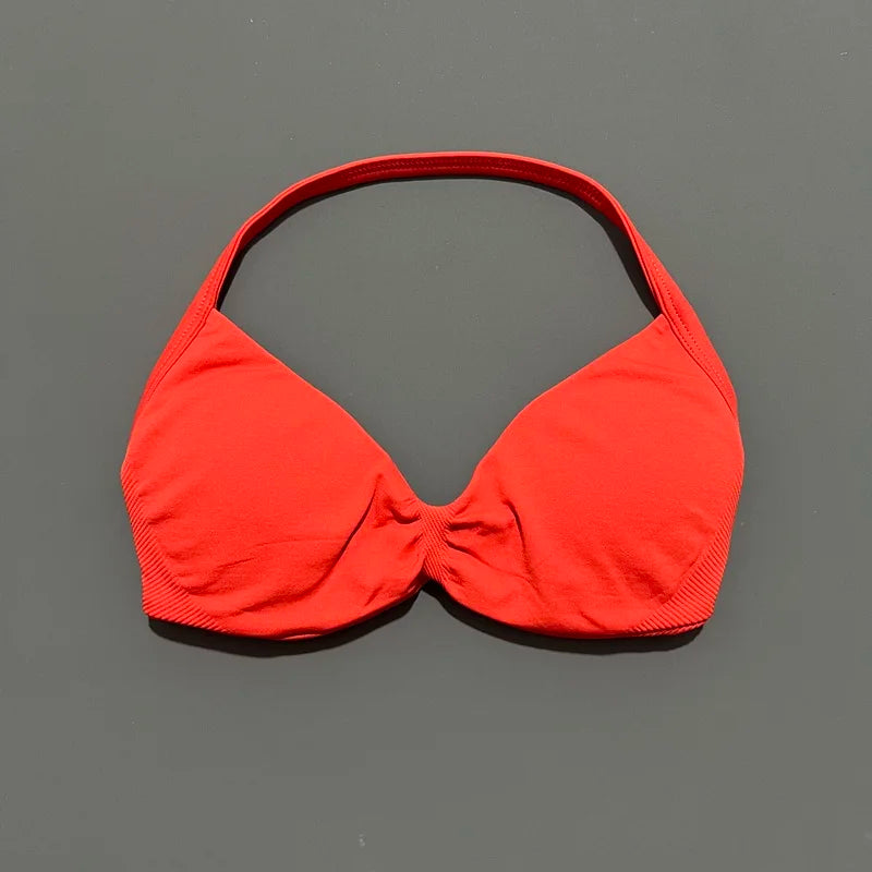 HISTELLO Df Solid Color Impact Strappy Bra Women Seamless Yoga Underwear Fitness Workout Halter Top Running Gym Sports Bra