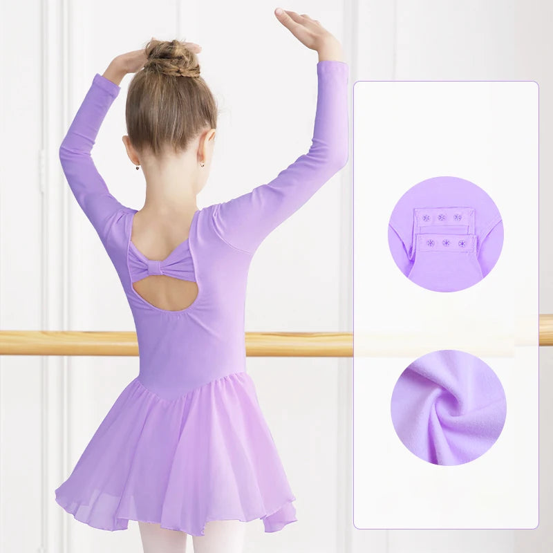 Girl Ballet Leotard with Chiffon Tulle Skirt Kids Bowknot Lyrical Dance Dress Short/Long Sleeve Bodysuit Back Bow Tie Dance Wear