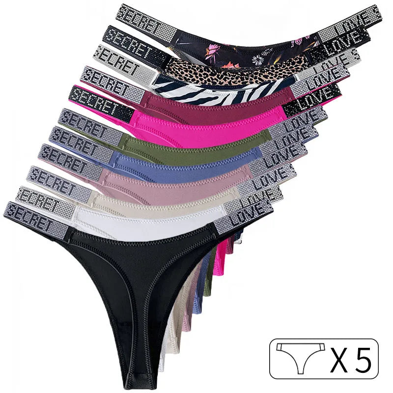 5Pcs Low Waist Sexy Panties Women Thongs Rhinestones Letter Diamonds G-string Sports Thong Shorts Briefs T-back Size S-XL