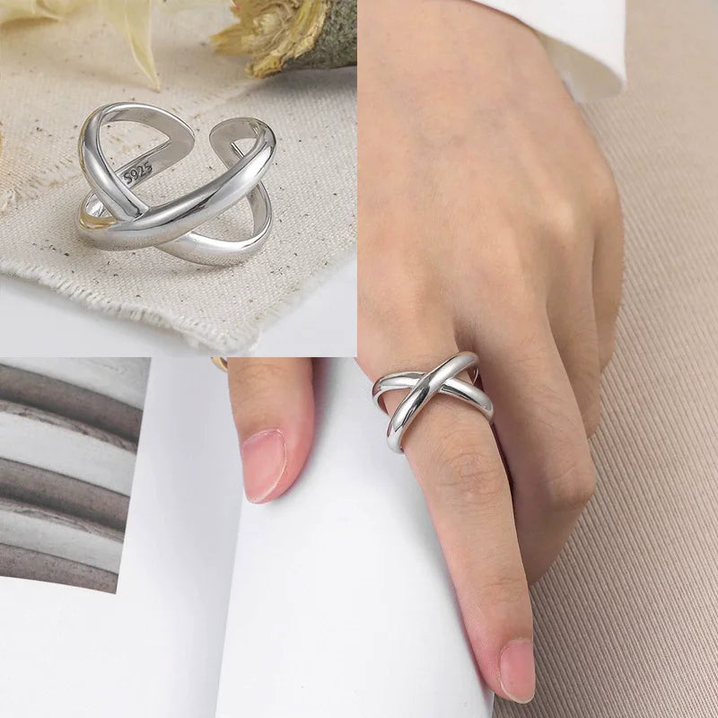 PANJBJ 925 Sterling Silver Hollow Out Rings For Women Three Layered Cross Punk Irregular Vintage Jewelry Gift Dropshipping