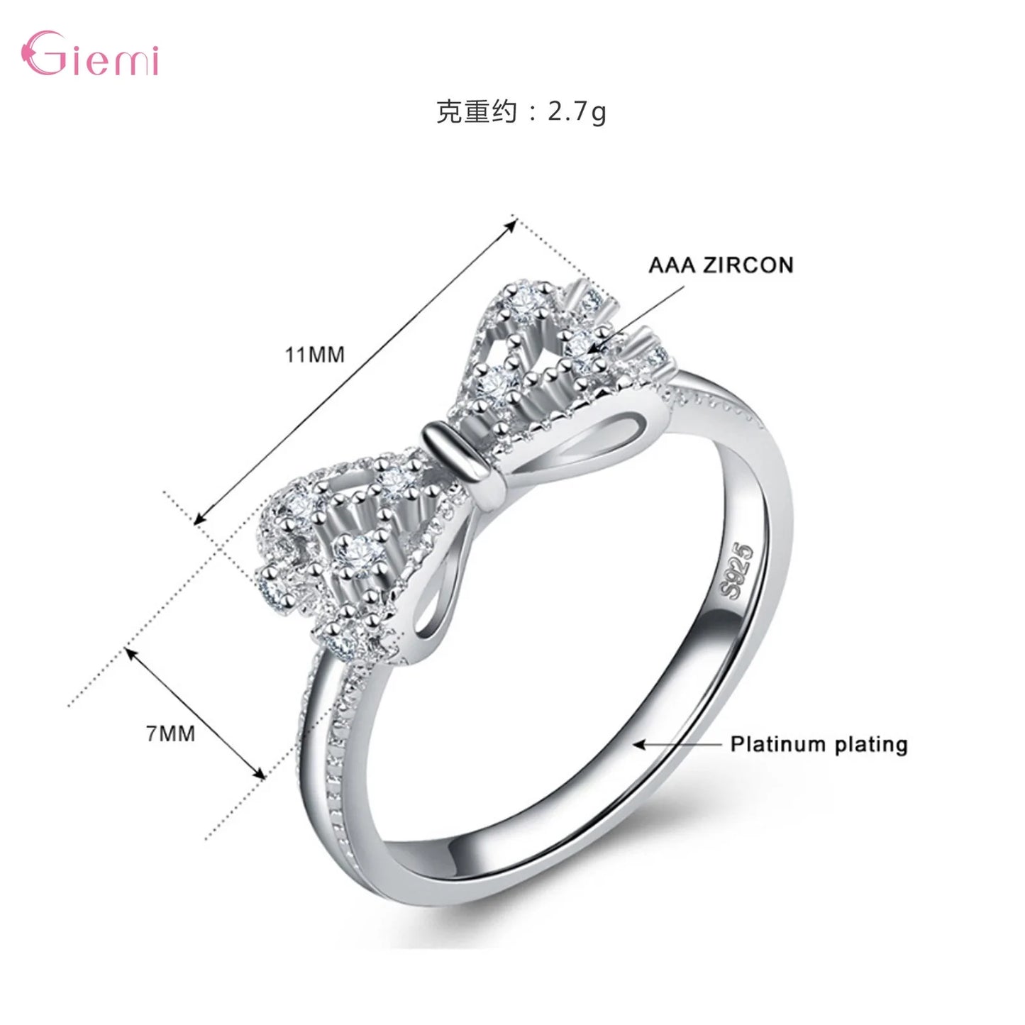 925 Sterling Silver Bow Knot Cubic Zirconia Ring for Women