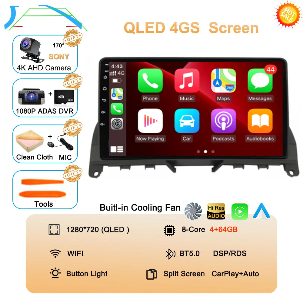 Car Stereo with Apple CarPlay & Android Auto, Compatible with Mercedes-Benz C-Class W204 S204 (C180 C220)