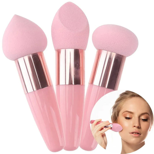 3 Piece Makeup Sponge Set with Handles - Foundation, Blending & Detail Shapes