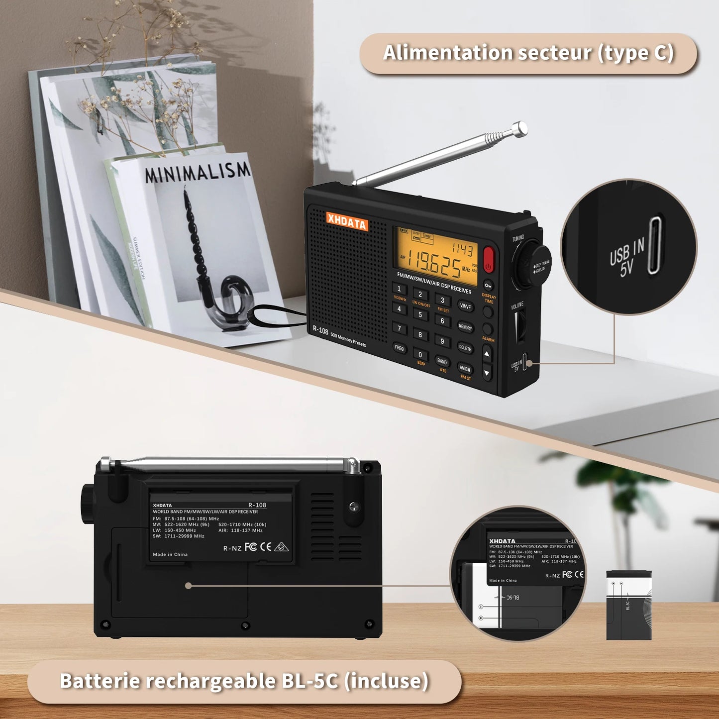 XHDATA R108 Digital Portable Radio AM FM Stereo Shortwave LW Air Band Multiband Receiver with Alarm Clock Display Speaker