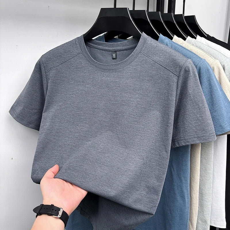 Men's Melange Crew-Neck Tee - Perforated Mesh, Breathable Slim Fit