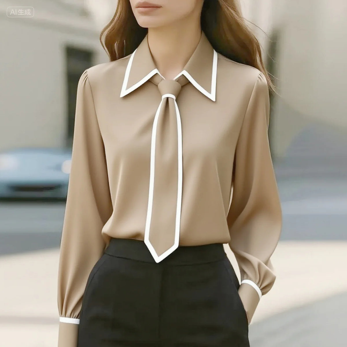 Women's Bow Tie Office Blouse - Long Sleeve Contrast Trim Shirt - photo 7