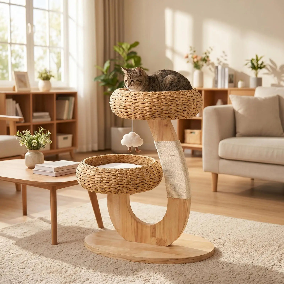 Wooden Cat Tree with Rattan Perch Compact Cat Tree with Perch Sturdy for Kittens