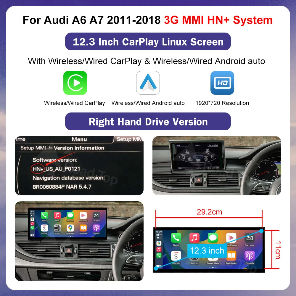 Road Top Multimedia Stereo For Audi A6 C6 C7 A7 2011-2018 Wireless CarPlay GPS Navi Radio Player Bluetooth 12.3" Touch Screen