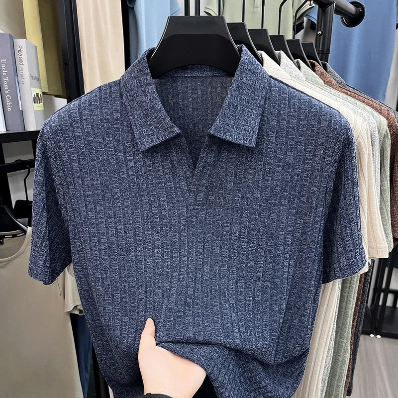 Men's Knitted Polo Tee - V-Neck Stripe, Lightweight Breathable