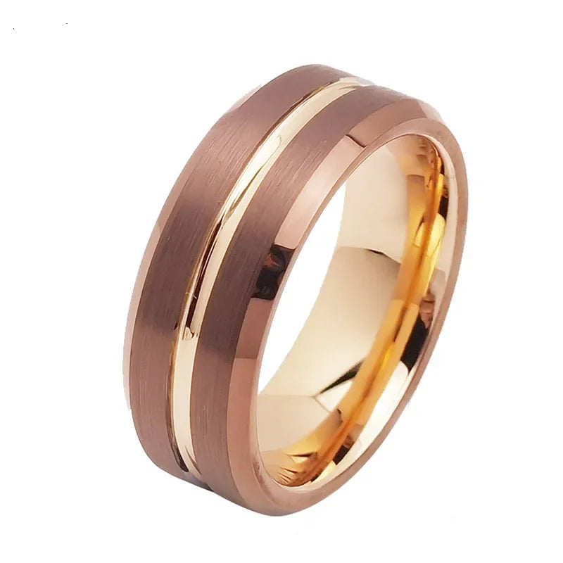 Tungsten Wedding Band — 6mm/8mm Rose Gold Tone Grooved Ring