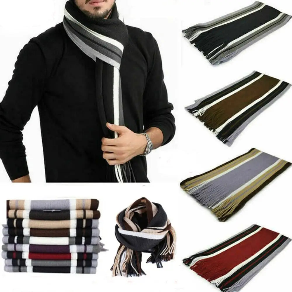 Men's Striped Winter Scarf with Tassels - Long Cashmere-Feel Wrap