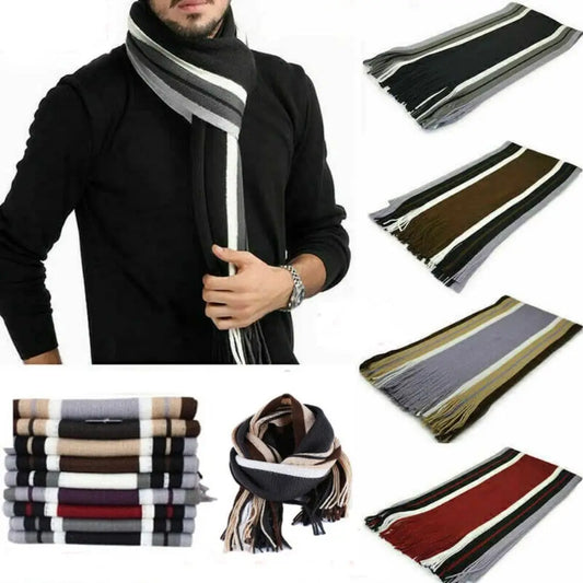 Men's Striped Winter Scarf with Tassels - Long Cashmere-Feel Wrap