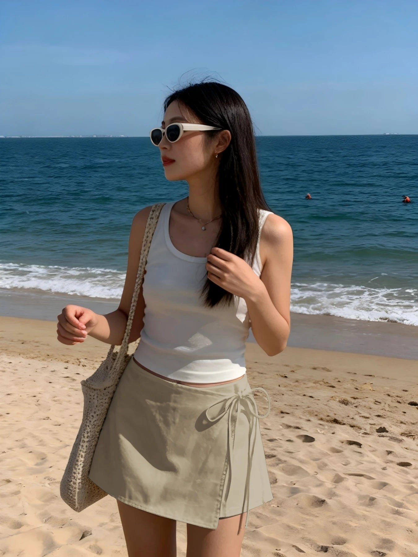 Ladies New Spring Summer Linen Solid Color Casual Sports Elastic Waist Drawstring Belted Skort for Spring Summer