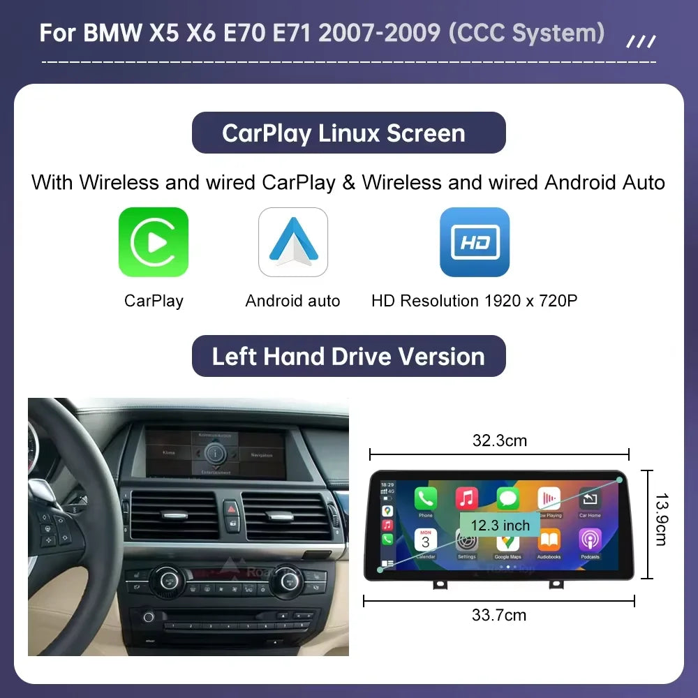 Wireless CarPlay & Android Auto Display Screen, Compatible with BMW X5 E70 & X6 E71 (CCC/CIC)