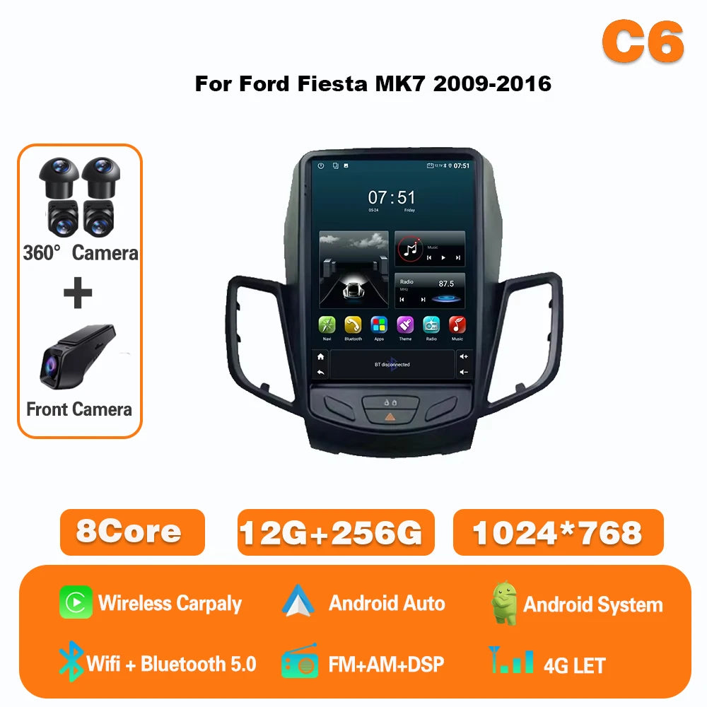 9.7" Android Car Stereo for Ford Fiesta MK7 (2009–2017) — Wireless CarPlay & Android Auto, GPS, 4G, WiFi