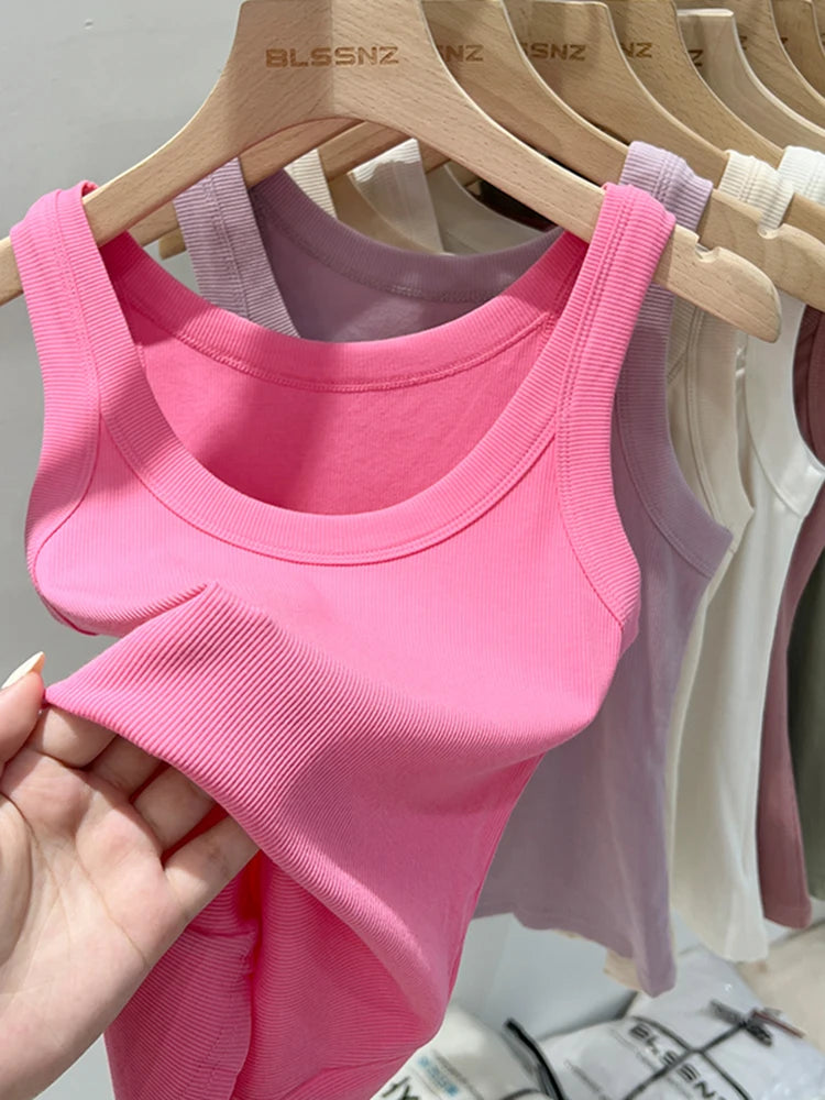 AOSSVIAO Women Solid Round Neck Ribbed Tank Top Camisole Women 2026 Summer Basic Elastic Tank Top O Neck Solid Tank Top