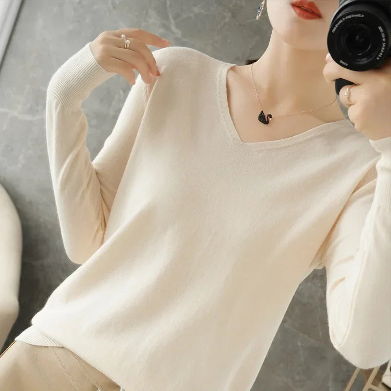Women Sweater 2026 Spring Autumn Warm Winter Slim Fit Bottoming Shirt V-neck Korean Knitted Tops Casual High Strecth Jumpers