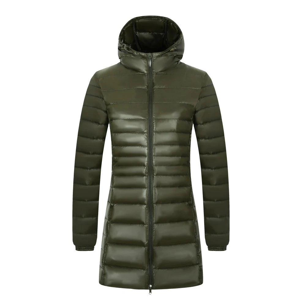Women's Long Puffer Coat with Storage Bag - Light Hip-Length Jacket - photo 13