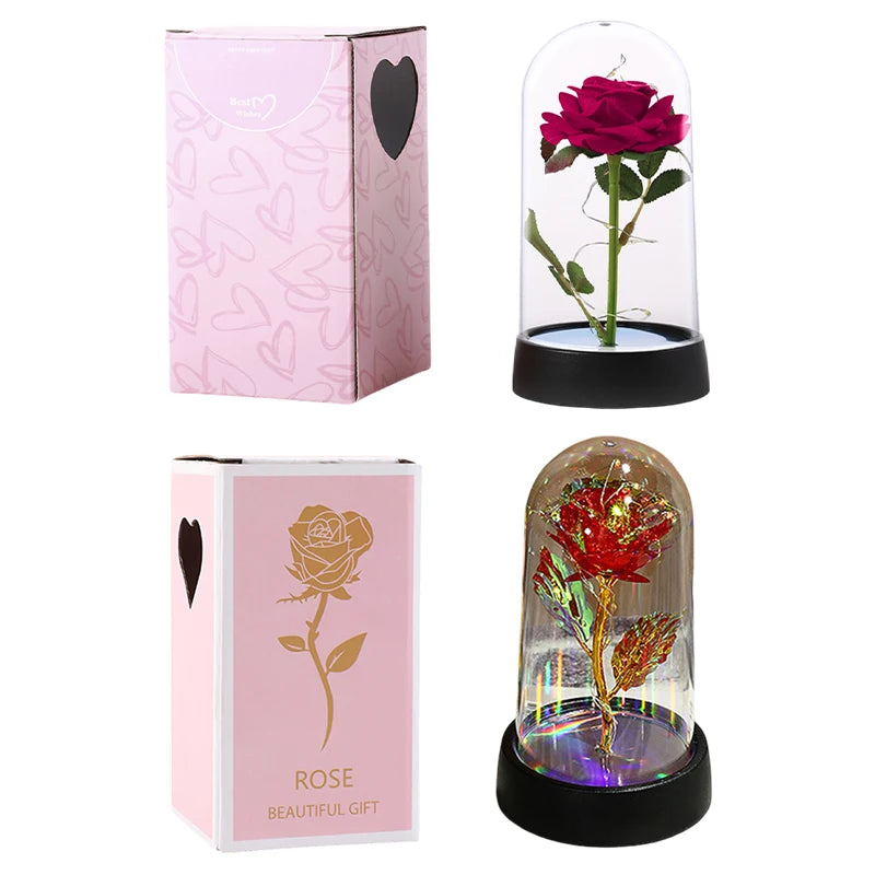 Artificial Rose Flowers Eternal Rose LED Light Foil Flower in Glass Cover Simulation Rose Flower Christmas Teachers' Day Gifts