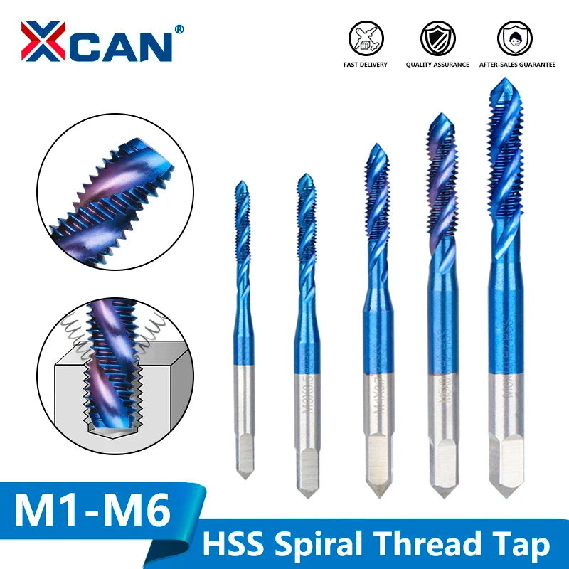 XCAN Metric Screw Tap 1pc HSS M2-M6 Thread Tap Nano Blue Coated Machine Plug Tap Threading Tools Spiral Tap Drill