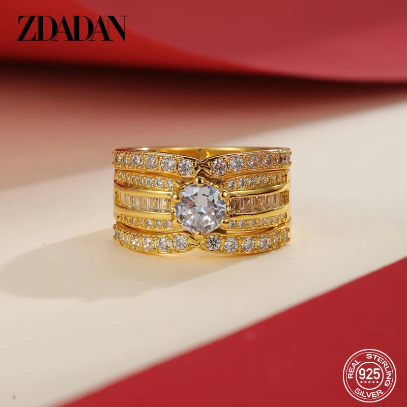 925 Silver 3-Piece Zircon Ring Set – 18K Gold Geometric Stack