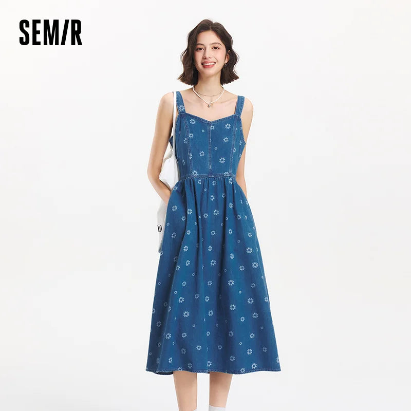 Semir Denim Jumper Dress Women Sweet Cool Trendy 2025 Summer New All Over Print Cotton Pinafore Playful Style
