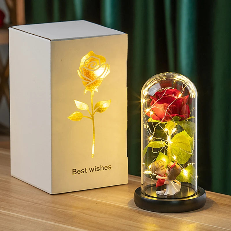 Artificial Rose Flowers Eternal Rose LED Light Foil Flower in Glass Cover Simulation Rose Flower Christmas Teachers' Day Gifts