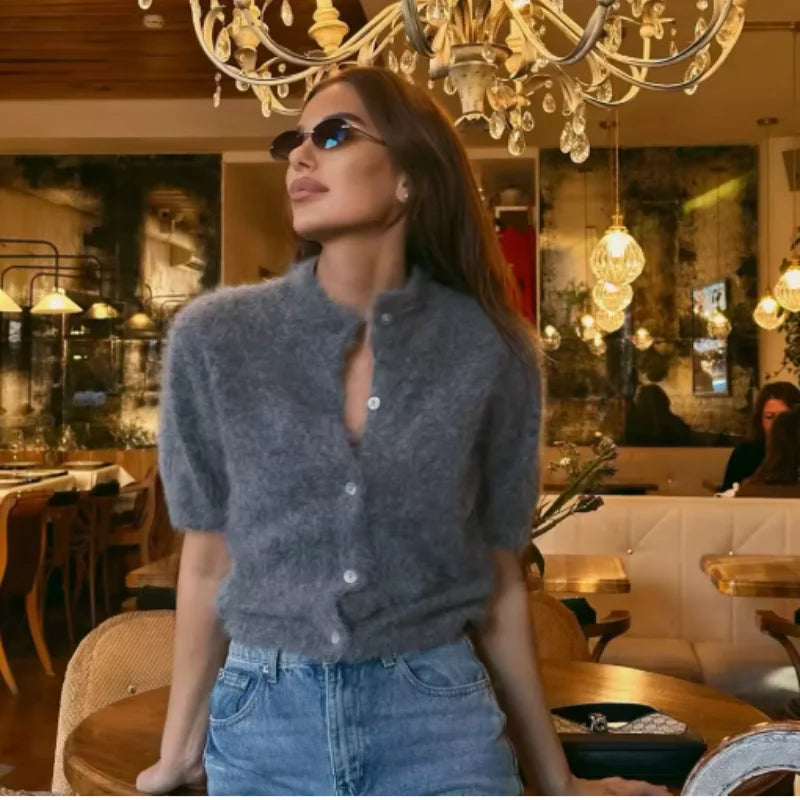 Women's Elegant Cardigan Short Sleeved Fashionable Single Breasted Plush Slim Fit Top Casual Daily Wear Sweater Solid Knitted