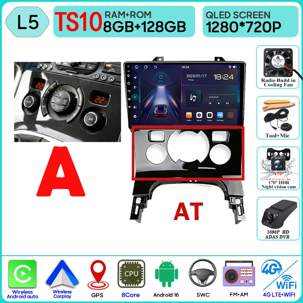 Carplay Android 16 For Peugeot 3008 5008 AT MT 2009 2012 -2016 Screen Video Car Radio GPS Navigation Car Monitor DVD DSP Stereo