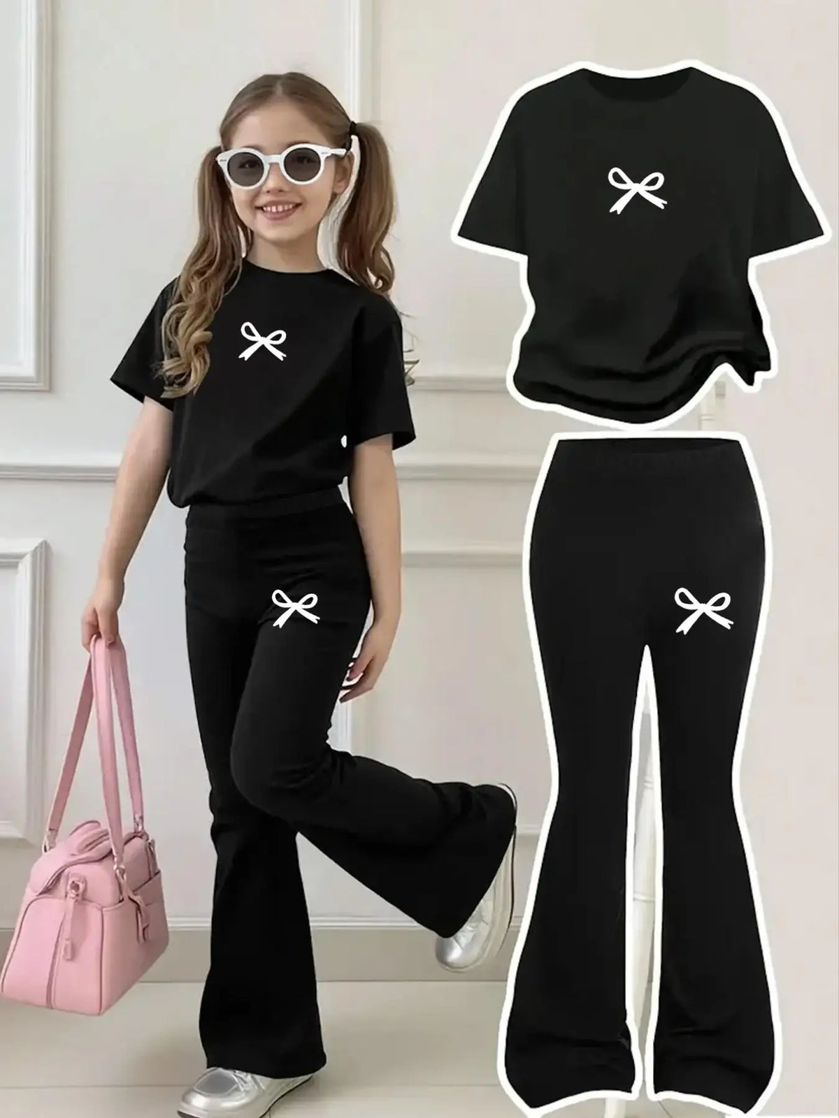 Children's Clothing Girls' Set 2026 New Style for Girls Aged 4-12, Regular Short-Sleeve Top and Flared Pants Two-Piece Set, Simple Bow Print Clothing, Versatile for Home and Outings