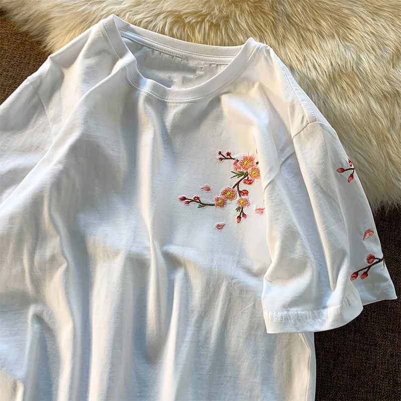 Aesthetic Japan Style Cherry Blossoms Embroidery T Shirts Sexy Women Girls Cotton Summer Tee Tops O-neck Loose Casual Harajuku