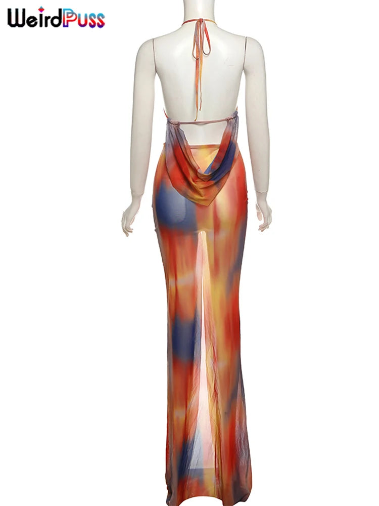 Weird Puss Irregular Ruched Dress Women Sexy Mesh Colorful Gradient Summer Trend Cross Backless Split Hollow Stretch Bodycon