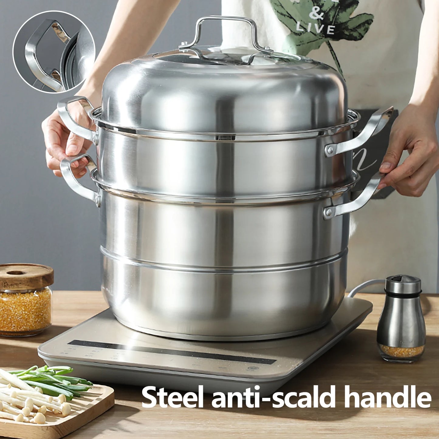 304 Stainless Steel Steamer Pot 2.38 Gallon Capacity 3-Tier Design with Steam Compartments for Cooking Soup