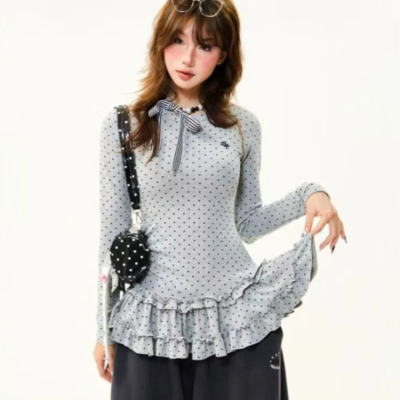 2026 Harajuku Cute Print T-Shirts Women Beige Polka Dot Ruffle Hem Tees Y2K Casual Lace Trim Tops Fashion Summer Streetwear Chic