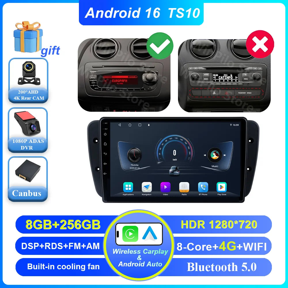 9" Android Car Stereo for Seat Ibiza MK4 6J (2008–2015) — CarPlay, Android Auto, GPS, 4G, WiFi
