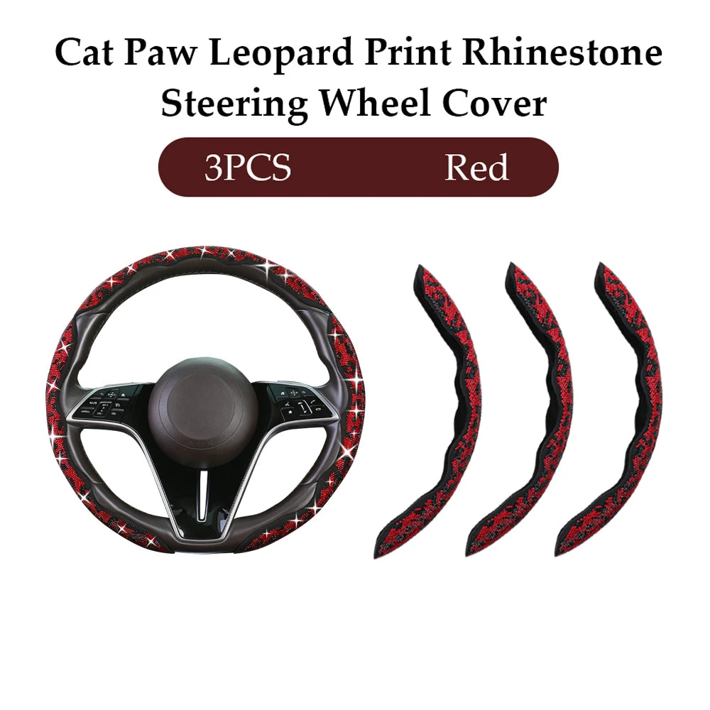 3PCS Shining Leopard Print Diamond Car Universal Steering Wheel Cover Luxury Colorful Diamond bulging Sparkling Steering Wheel