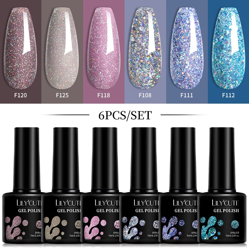 LILYCUTE 6Pcs 7ML Gel DIY Nails Polish Set Bright Pink Nail Charms Soak Off UV LED Gel Varnish Nail Art Design Accessories