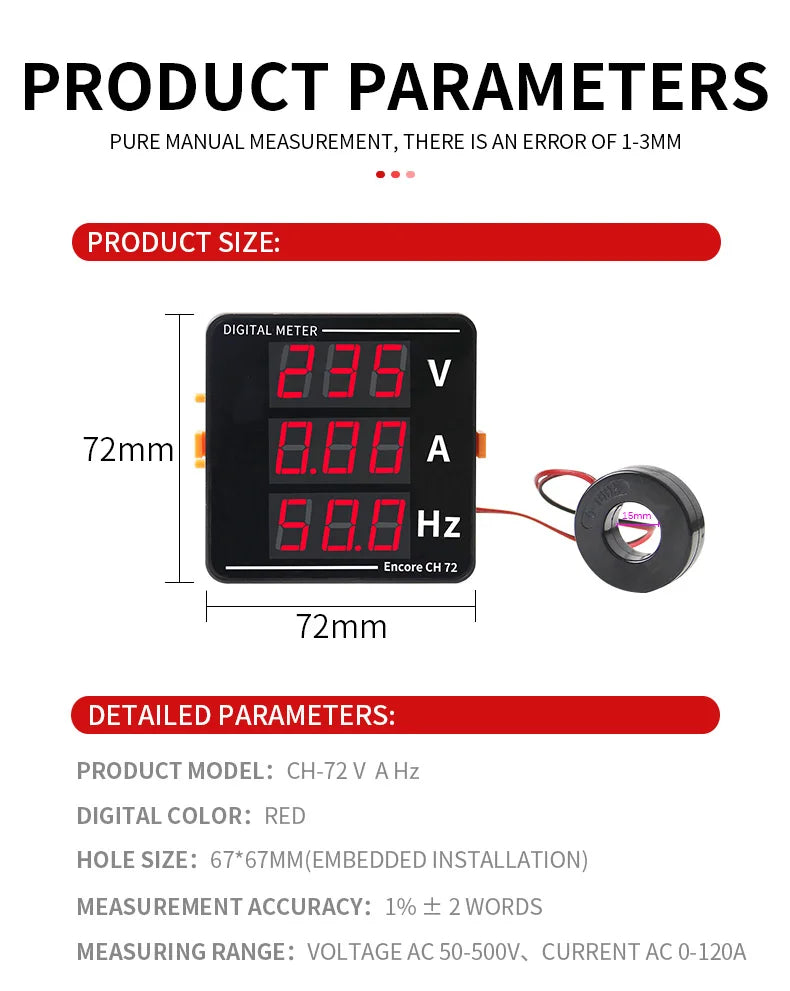 Three Display Digital Display Meter Current Voltage Hertz Ammeter 72*72mm V A HZ