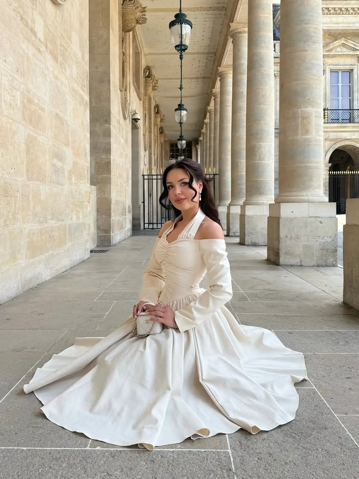 Women's Elegant Dresses Off Shoulder Long Sleeve Midi Dress Halter Neck Ruched Waist Pleated Full Skirt Cocktail Party Dresses