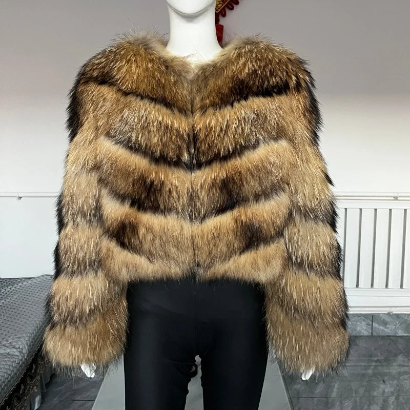 Women's Hooded Raccoon Fur Coat, Turn-Down Collar