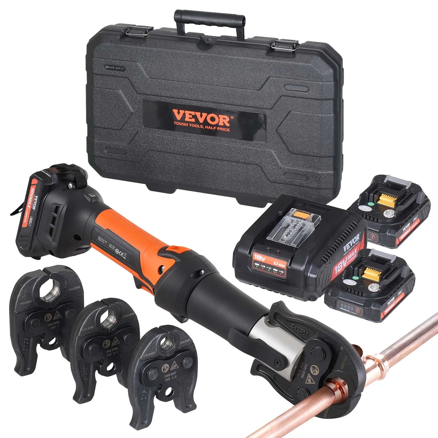 SucceBuy Pro 18V Electric Pipe Crimping Tool – 1/2" 3/4" 1" Copper Pipes | 3 Jaws & 2 Batteries Kit