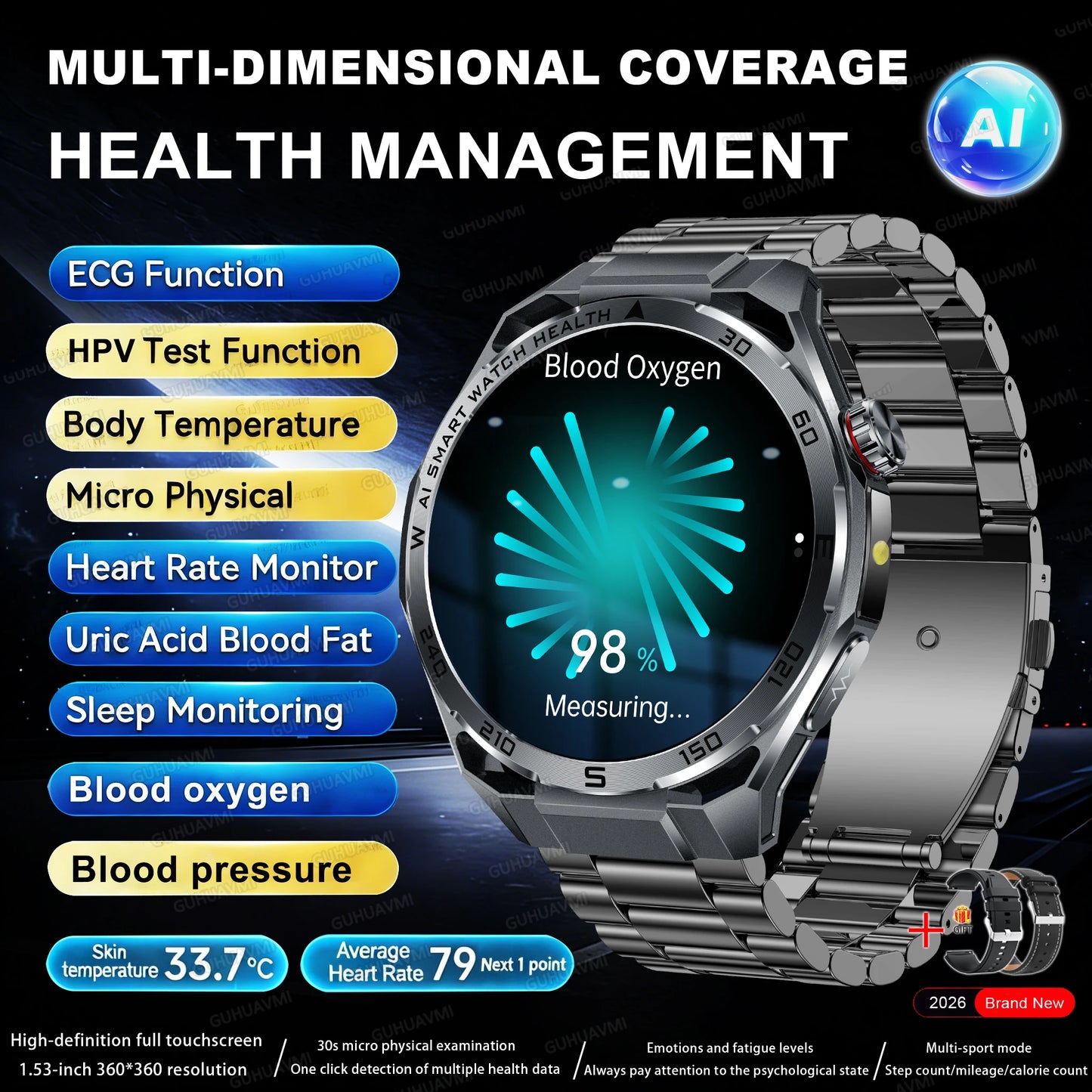 2026 New Body Fat AI Analysis Health Smart Watch ECG+PPG Uric Acid BP Blood Oxygen Call AMOLED Screen Smart Watch For Men Women