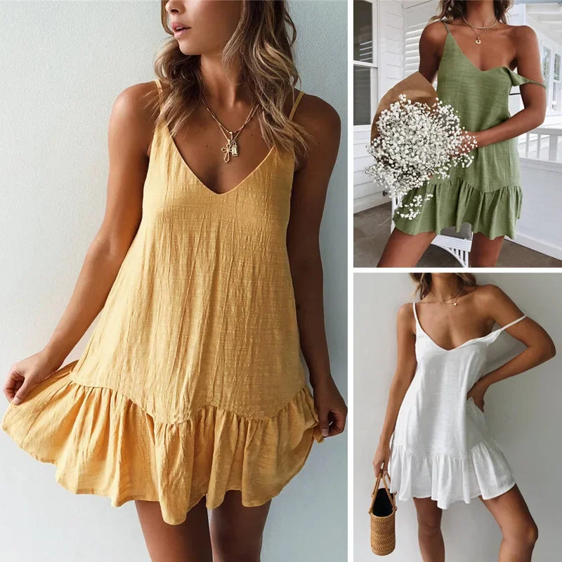 Dress Women Sexy Spaghetti Strap Ruffle Summer Dress 2026 Cotton Linen Vestidos Green Dresses Off Shoulder Sexy Mini Sundress