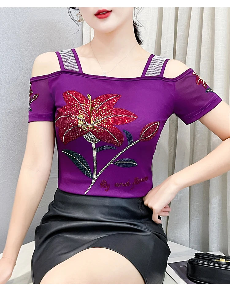 Women's Off-Shoulder Rhinestone Mesh Top