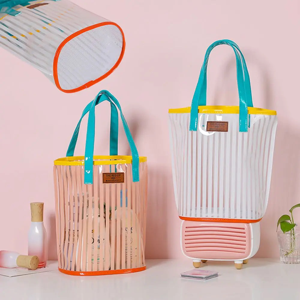 Large Capacity Transparent Handbag Waterproof Stripe Print Beach Bag Wash Bag Protable Travel Shopping Sundry Storage