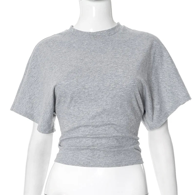 Fashion Casual Solid Gray Cropped T-shirt 2026 Woman Clothes O-neck Corset Tops Streetwear Girls Spring Summer Short Tee Shirts