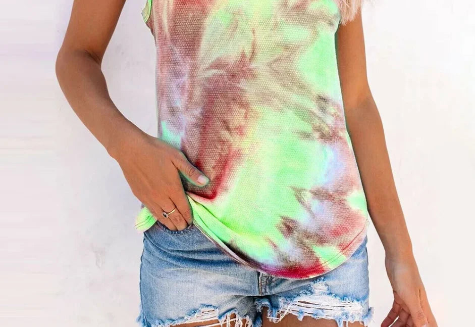 Women's Tie-Dye Cloud Sunflower Print Sleeveless Vest T-Shirt – Casual Summer Top