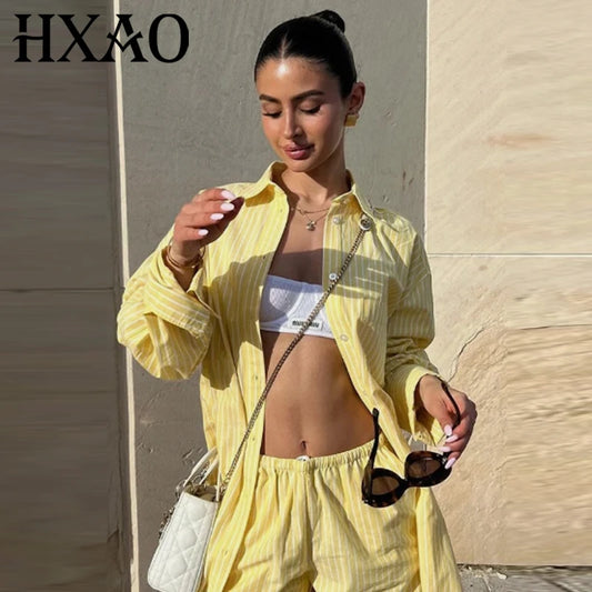 HXAO Yellow Striped Shirt Women's Blouse Spring Summer 2025 Oversized Long Sleeve Shirt Top Shirts & Blouses Chic Casual Blouse